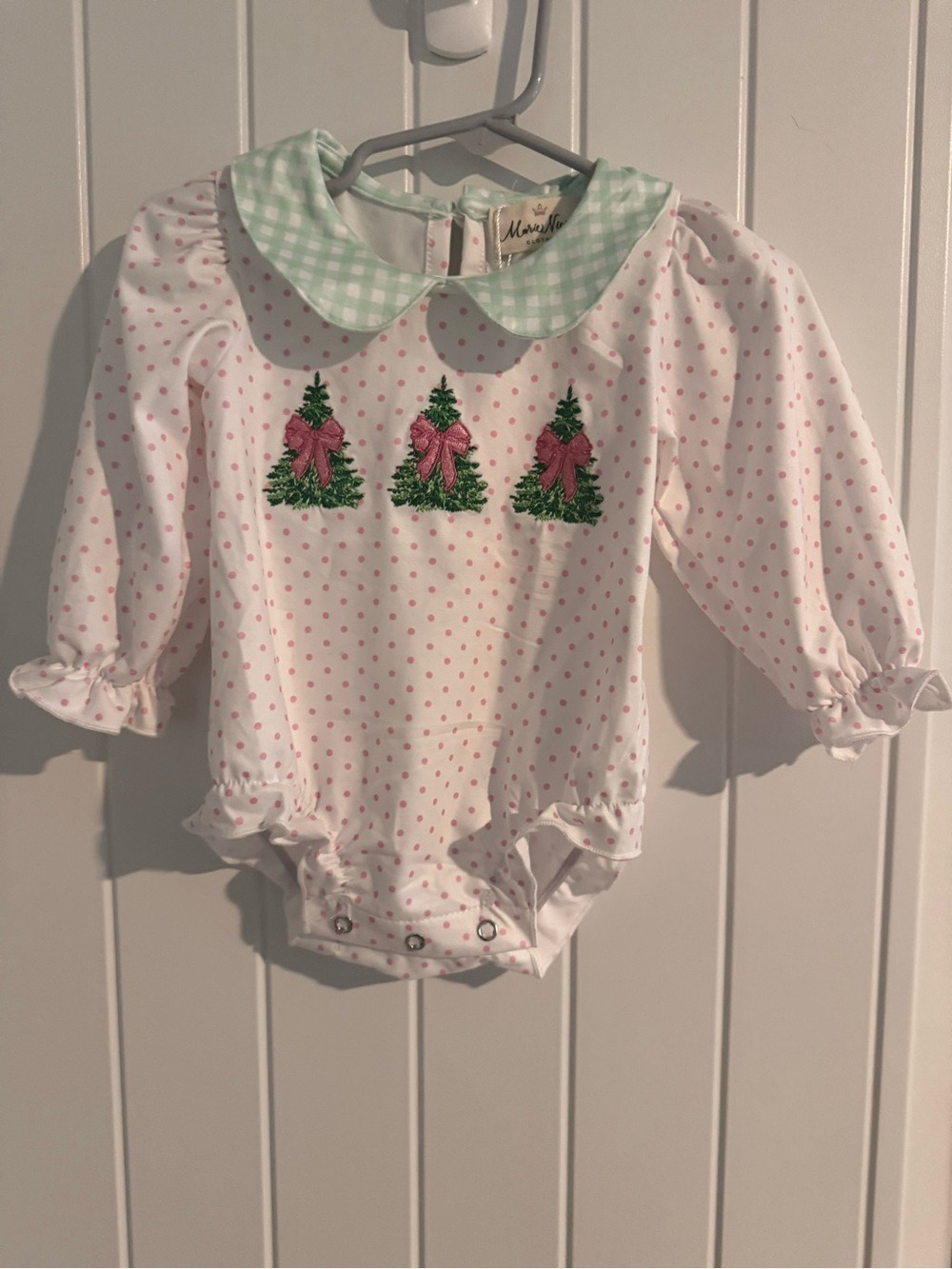 NWT Marie Nicole 3-6M Christmas Tree Embroidered Bubble Romper Pink Polka Dot